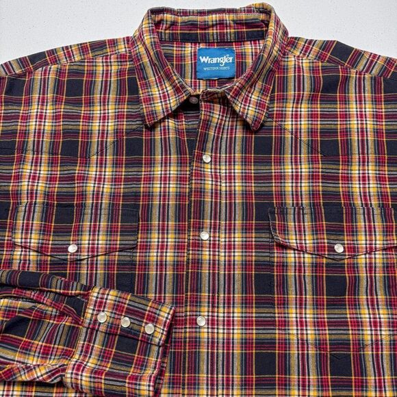 Wrangler Western Shirt Mens XXL Red Black‎ Plaid Cowboy Pearl Snap Farm Ranch - Picture 10 of 13